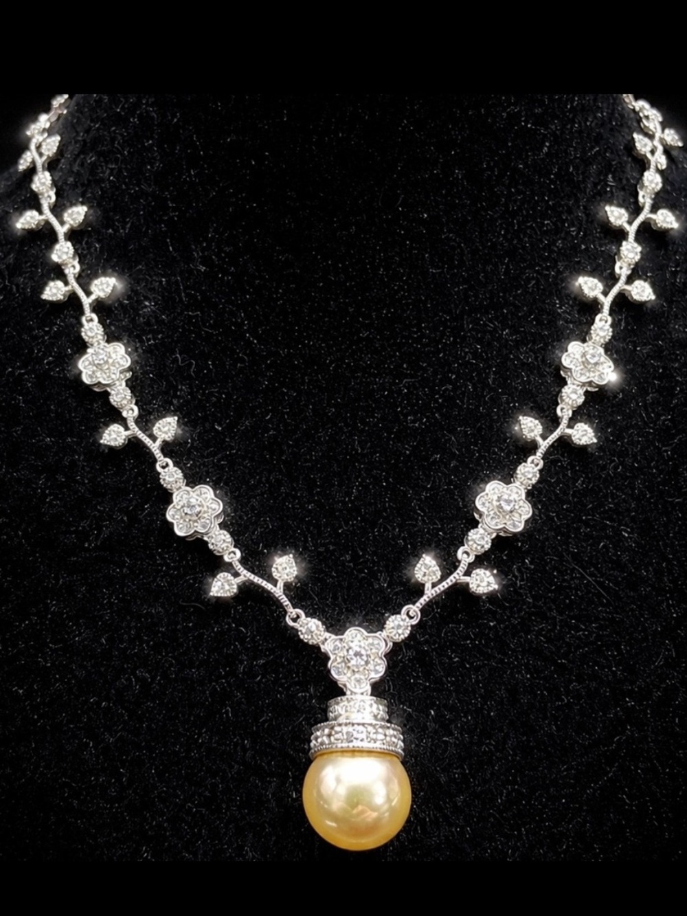Suzanne Somers Vintage Pearl CZ Floral Flower statement tennis necklace Silver